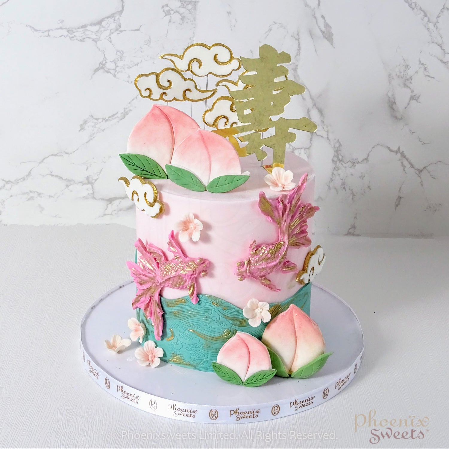 Fondant Cake - Live Long Cake With Gold Fish and Peach