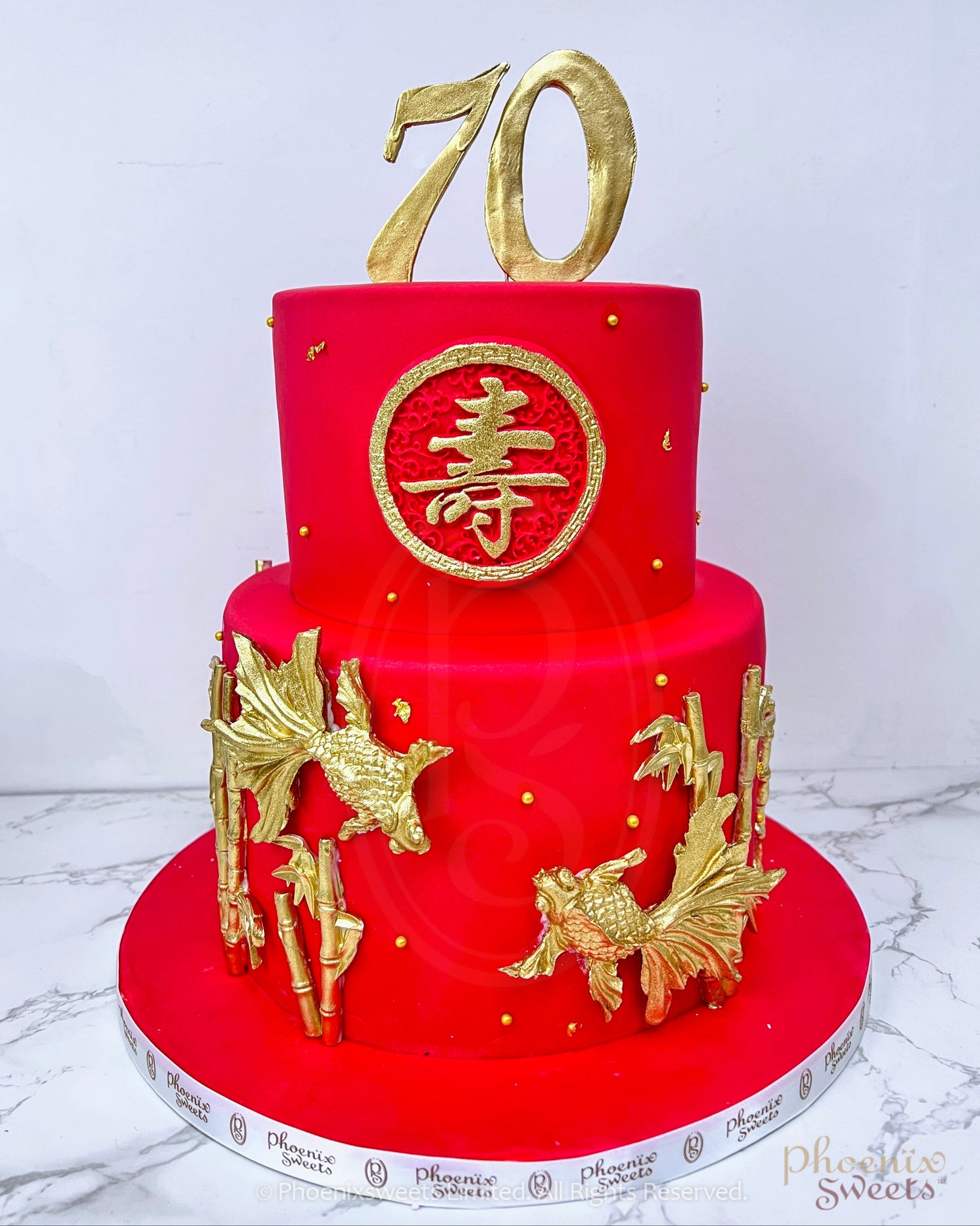 Fondant Cake - Red Live Long Cake with Goldfish (2 tiers)