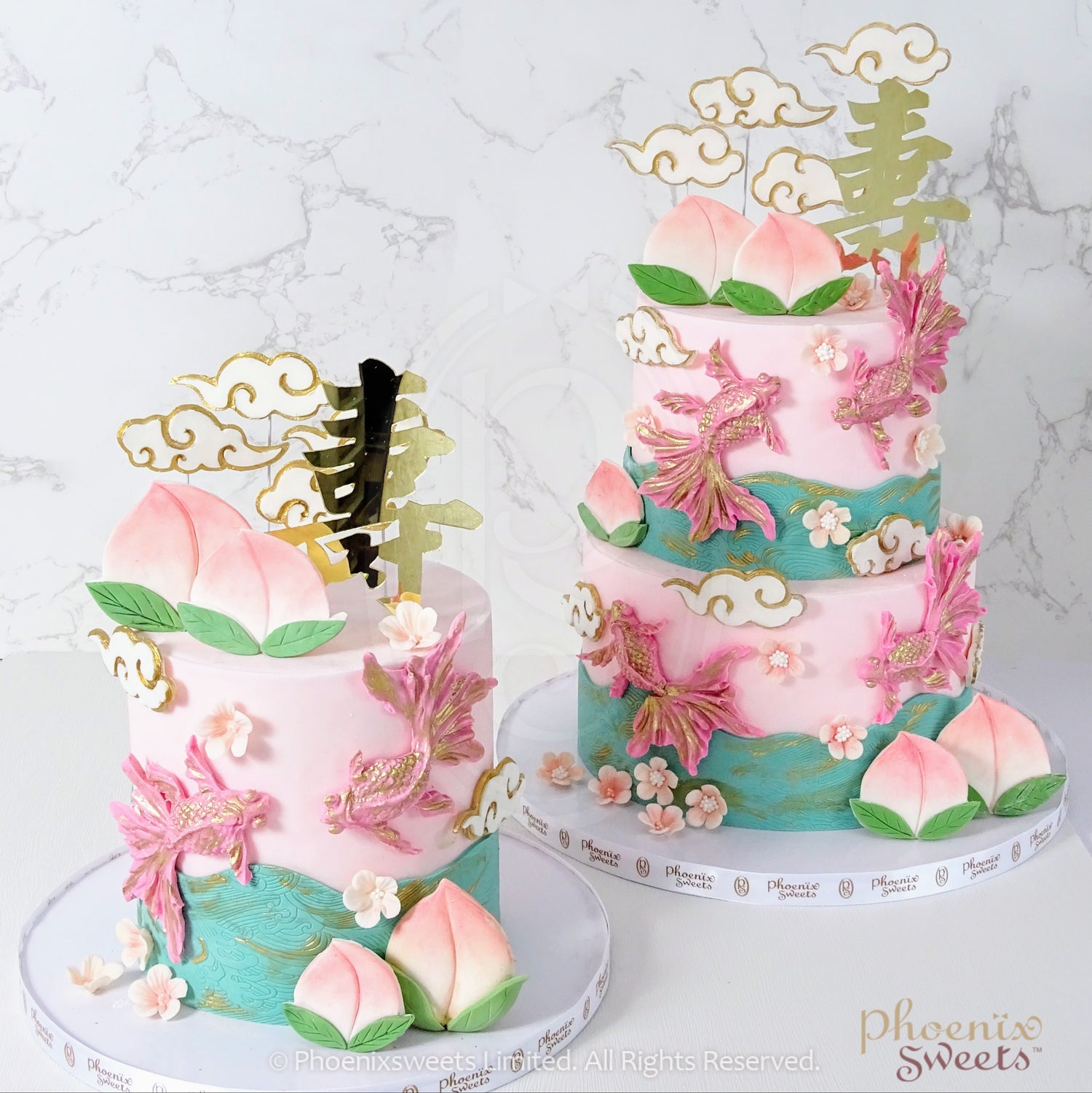 Fondant Cake - Live Long Cake With Gold Fish and Peach